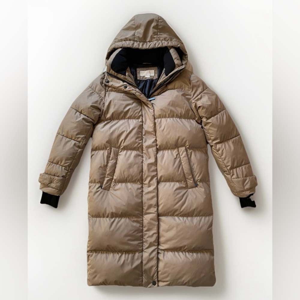 MICHAEL Michael Kors Taupe Beige Hooded Long Puffer Coat Down Fill Jacket Size S